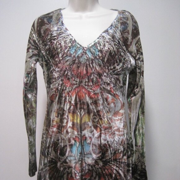 ONE WORLD Tops - Vintage One World Velvet Polyester Long Sleeve Colorful Tunic Top Women's Medium